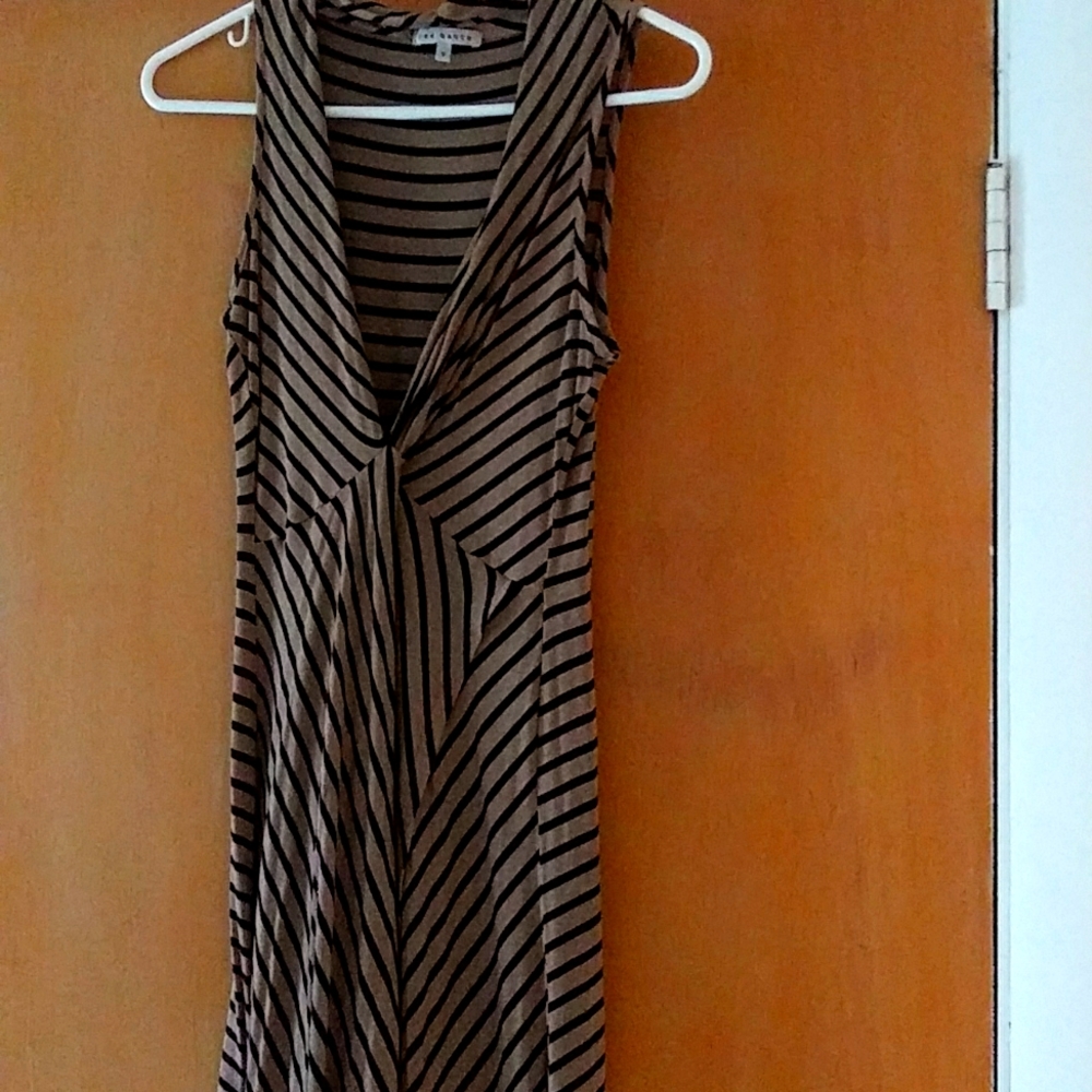 Red Haute Black and tan striped deep plunge dress